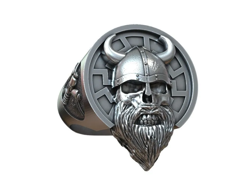 Silver ring featuring a detailed depiction of an undead Viking adorned with the Black Sun, symbolizing resilience and strength, perfect for those who embrace a bold style.