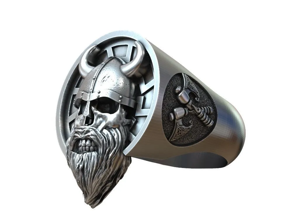 Silver ring featuring a detailed depiction of an undead Viking adorned with the Black Sun, symbolizing resilience and strength, perfect for those who embrace a bold style.