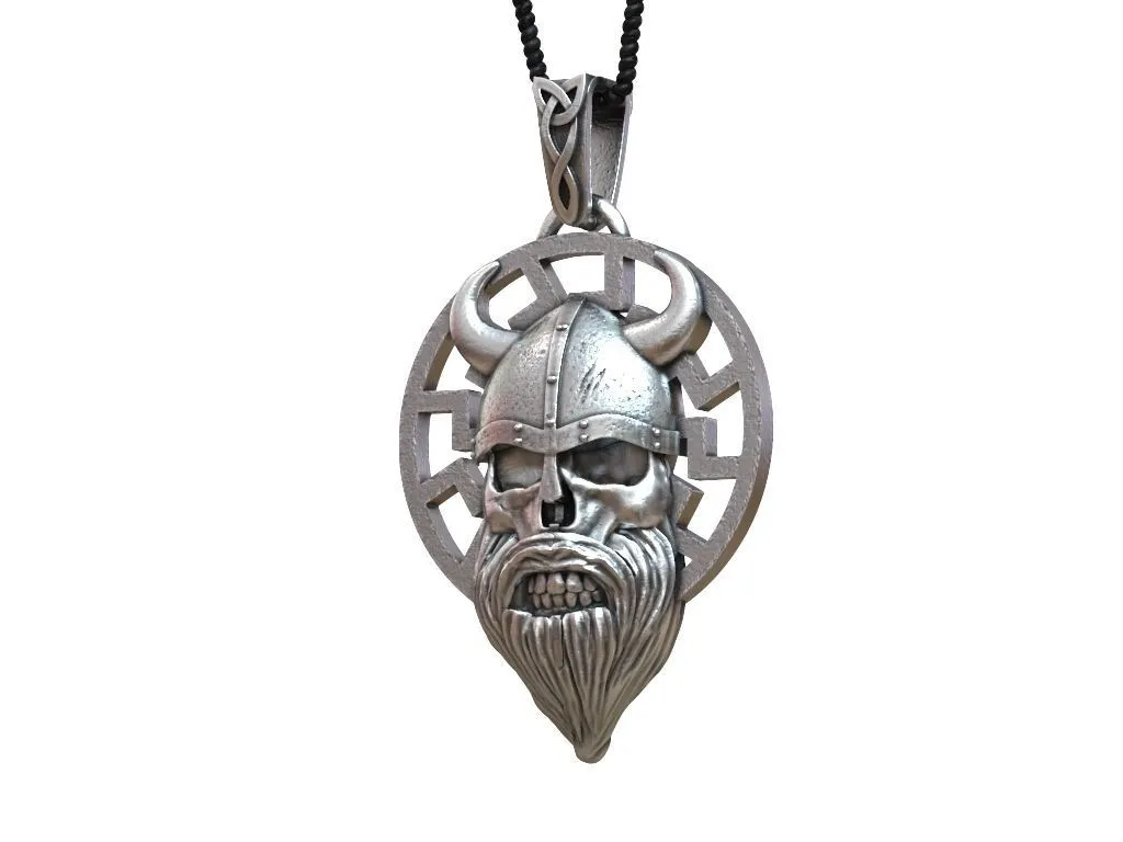 Viking Helmet Beard Scandinavian Pendant-2 Silver pendant of a Viking helmet with a detailed beard, symbolizing strength and heritage in Scandinavian design.
