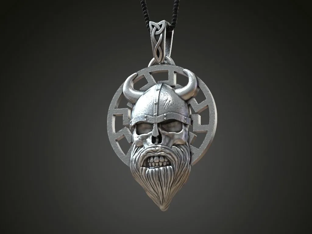 Viking Helmet Beard Scandinavian Pendant-3 Silver pendant of a Viking helmet with a detailed beard, symbolizing strength and heritage in Scandinavian design.