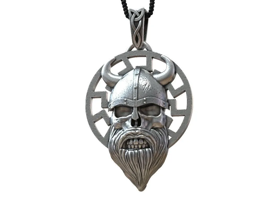Viking Helmet Beard Scandinavian Pendant-4 Silver pendant of a Viking helmet with a detailed beard, symbolizing strength and heritage in Scandinavian design.