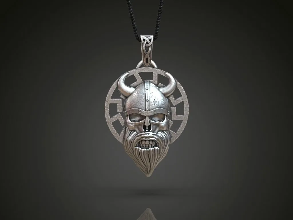 Viking Helmet Beard Scandinavian Pendant-5 Silver pendant of a Viking helmet with a detailed beard, symbolizing strength and heritage in Scandinavian design.
