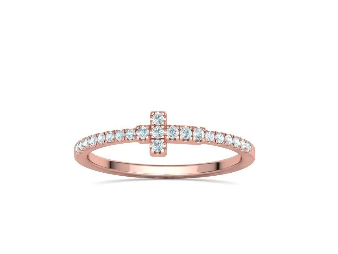 WR-008-Diamond Cross Ring French Pave-12 Diamond Cross Ring French Pave Ring in Sterling Silver 925