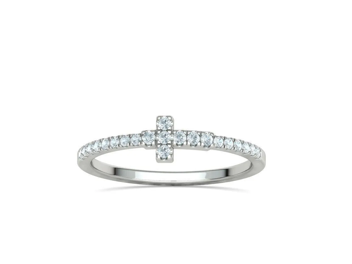 WR-008-Diamond Cross Ring French Pave-13 Diamond Cross Ring French Pave Ring in Sterling Silver 925