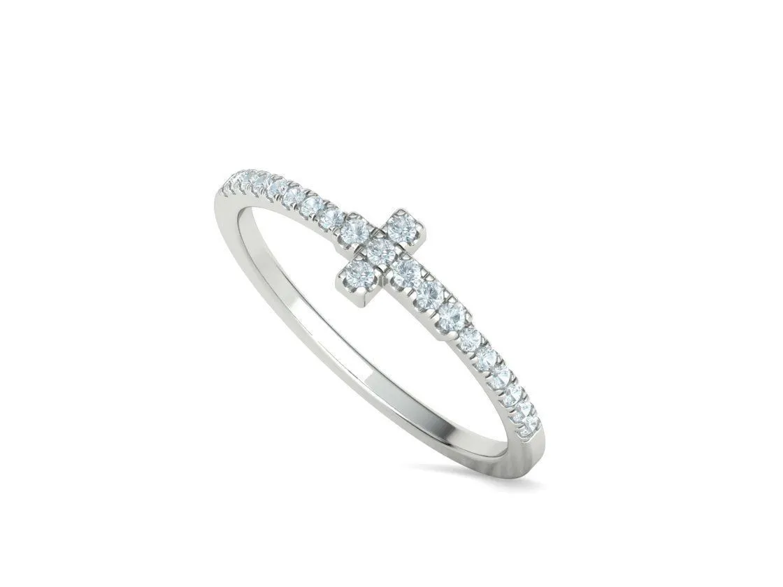 WR-008-Diamond Cross Ring French Pave-24 Diamond Cross Ring French Pave Ring in Sterling Silver 925