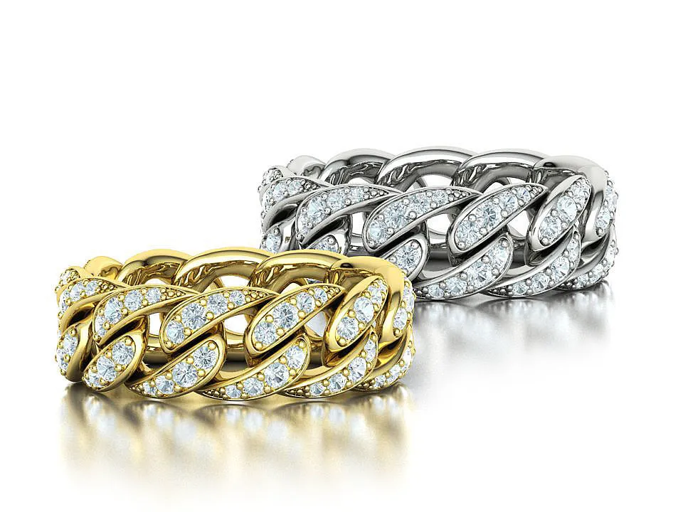 WR-015-Cuban Diamond Chain Links Ring-8 High-polished Cuban Diamond Chain Links Ring with a distinctive chain link design adorned with diamonds, symbolizing strength and elegance, perfect for any occasion.