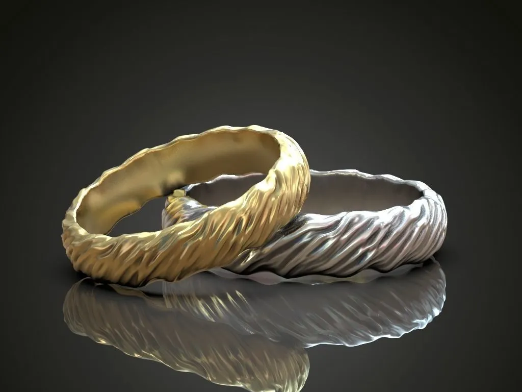 Wedding Rings Wavy Natural Shape Pattern-1 Wedding rings featuring a detailed wavy natural shape pattern, symbolizing the flowing journey of love, perfect for couples who embrace a bold style.