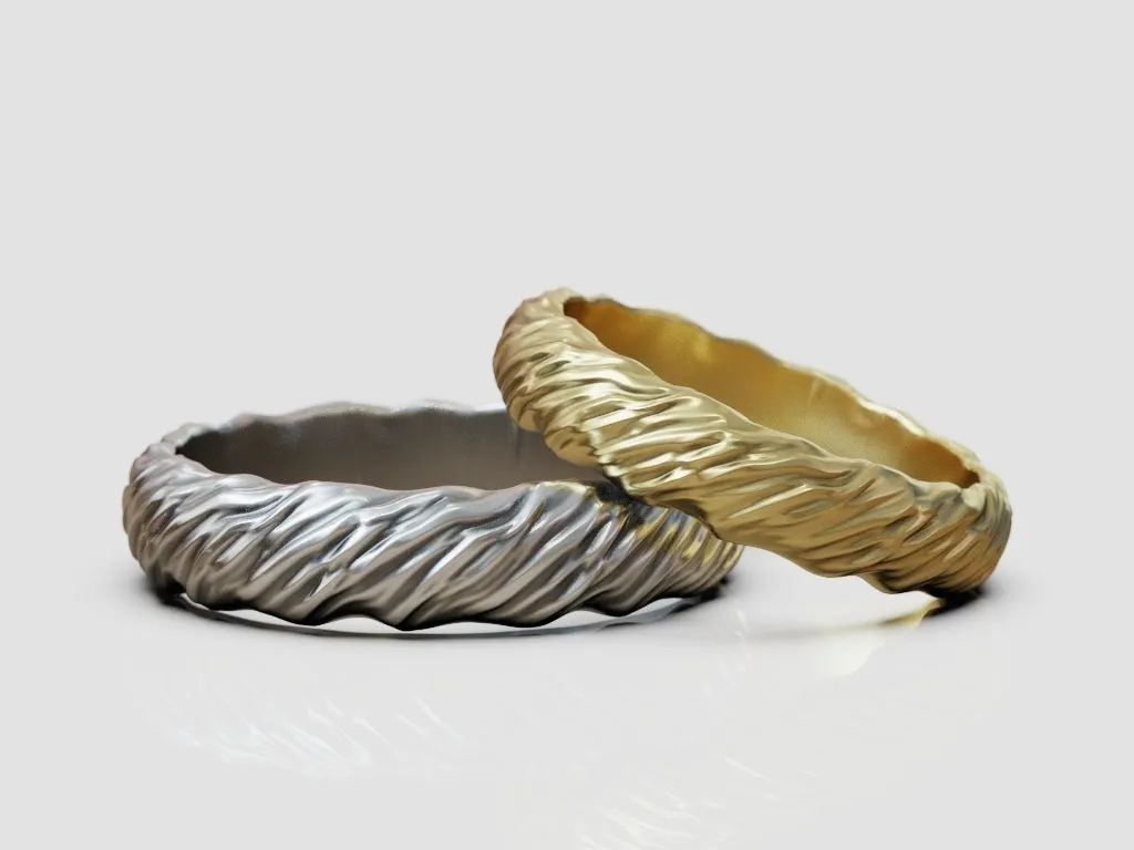 Wedding Rings Wavy Natural Shape Pattern-6 Wedding rings featuring a detailed wavy natural shape pattern, symbolizing the flowing journey of love, perfect for couples who embrace a bold style.