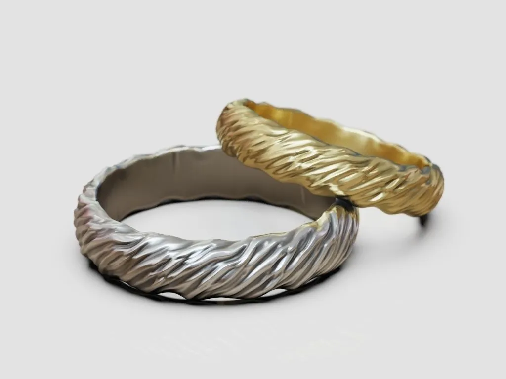 Wedding Rings Wavy Natural Shape Pattern-8 Wedding rings featuring a detailed wavy natural shape pattern, symbolizing the flowing journey of love, perfect for couples who embrace a bold style.
