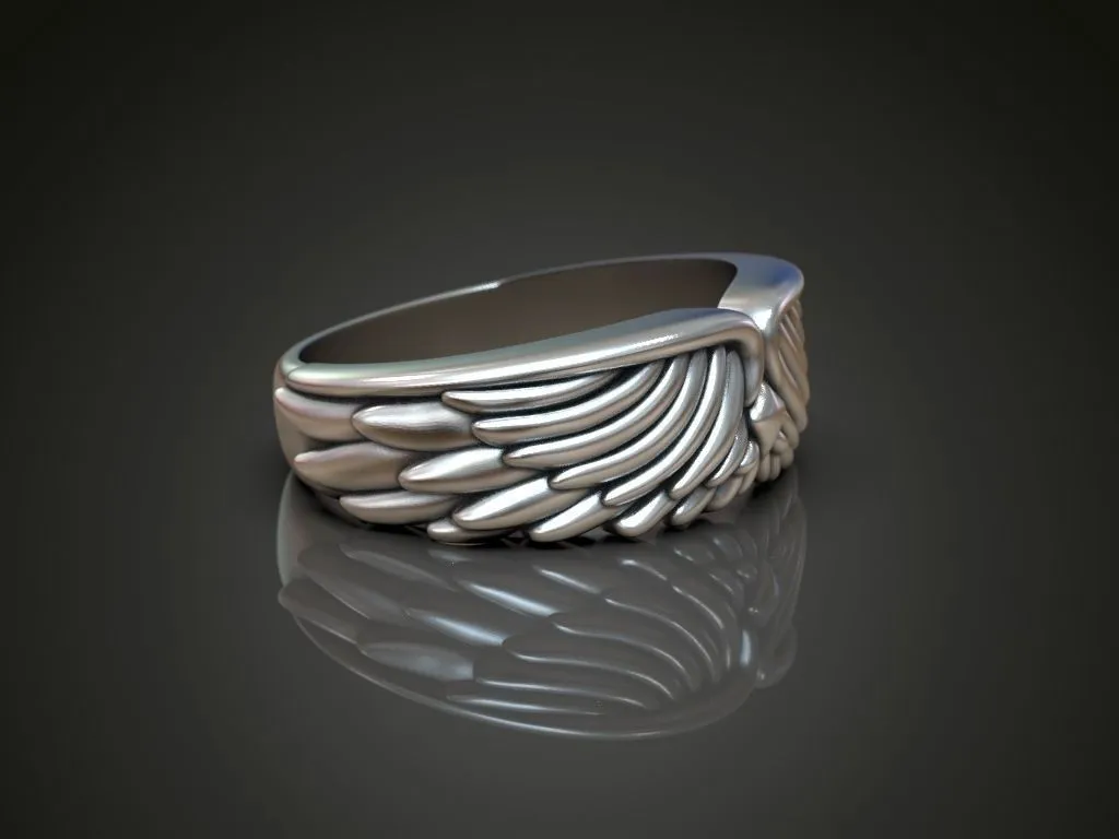Silver biker ring featuring a detailed depiction of wings and plumage, symbolizing freedom and strength, perfect for men and women who embrace a bold style.
