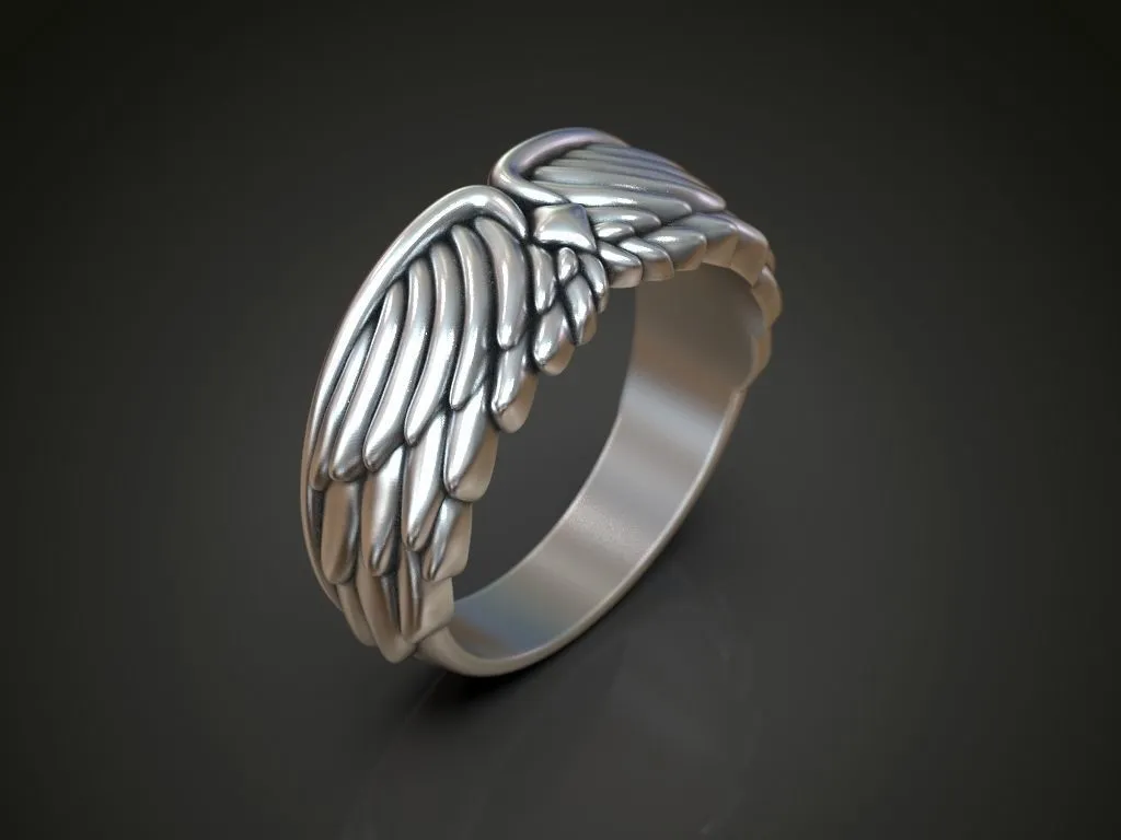 Silver biker ring featuring a detailed depiction of wings and plumage, symbolizing freedom and strength, perfect for men and women who embrace a bold style.