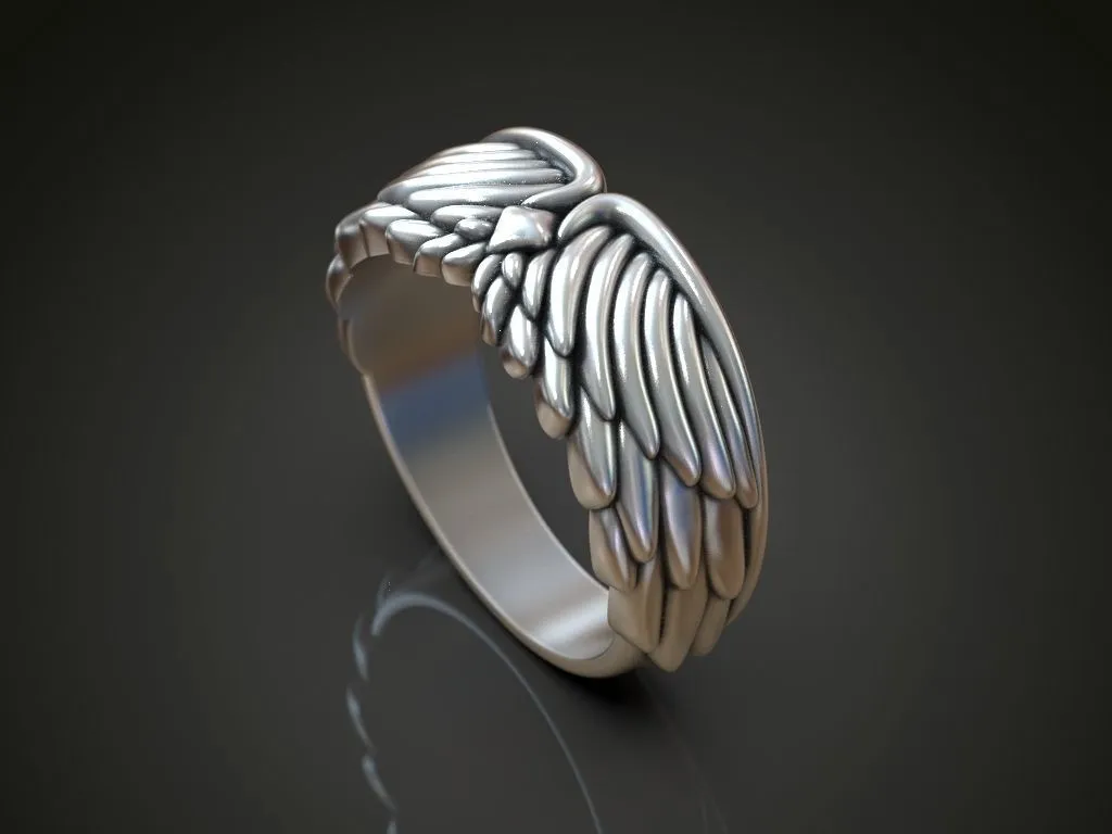 Silver biker ring featuring a detailed depiction of wings and plumage, symbolizing freedom and strength, perfect for men and women who embrace a bold style.