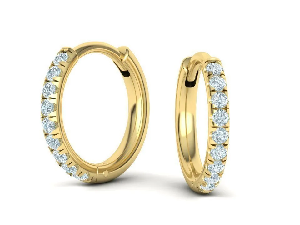 High-polished 1.55mm French pavé hoop earrings adorned with pavé diamonds, symbolizing luxury and sophistication, perfect for any occasion.