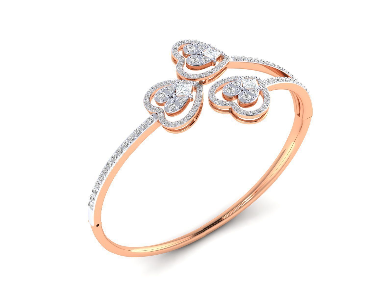 Sterling silver bracelet with three heart-shaped charms adorned with sparkling stones.