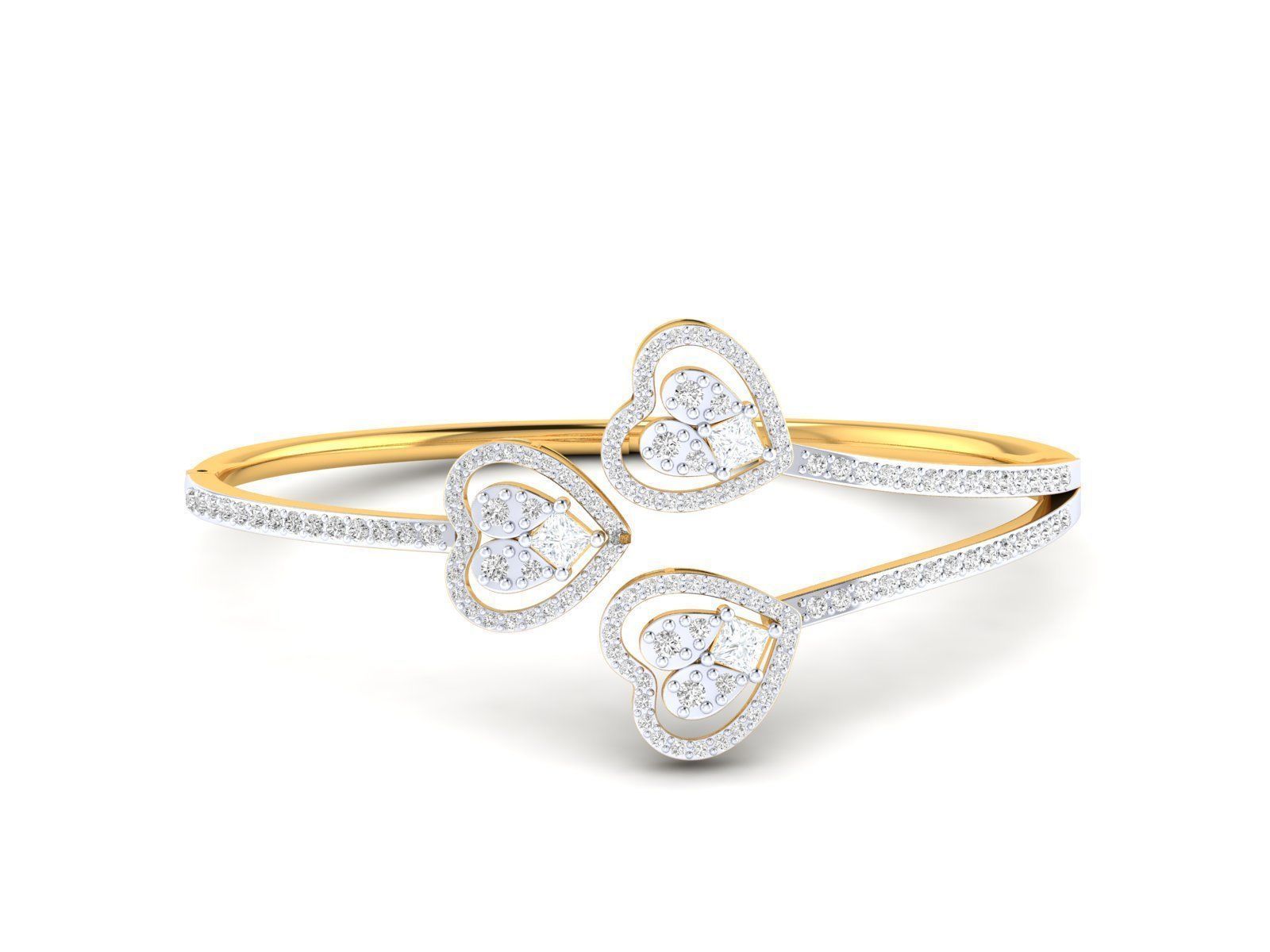 Sterling silver bracelet with three heart-shaped charms adorned with sparkling stones.