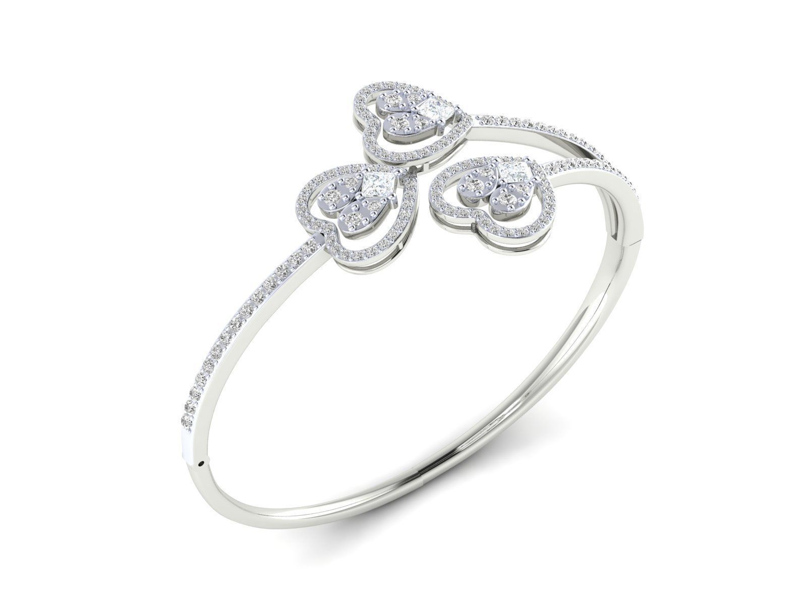 Sterling silver bracelet with three heart-shaped charms adorned with sparkling stones.