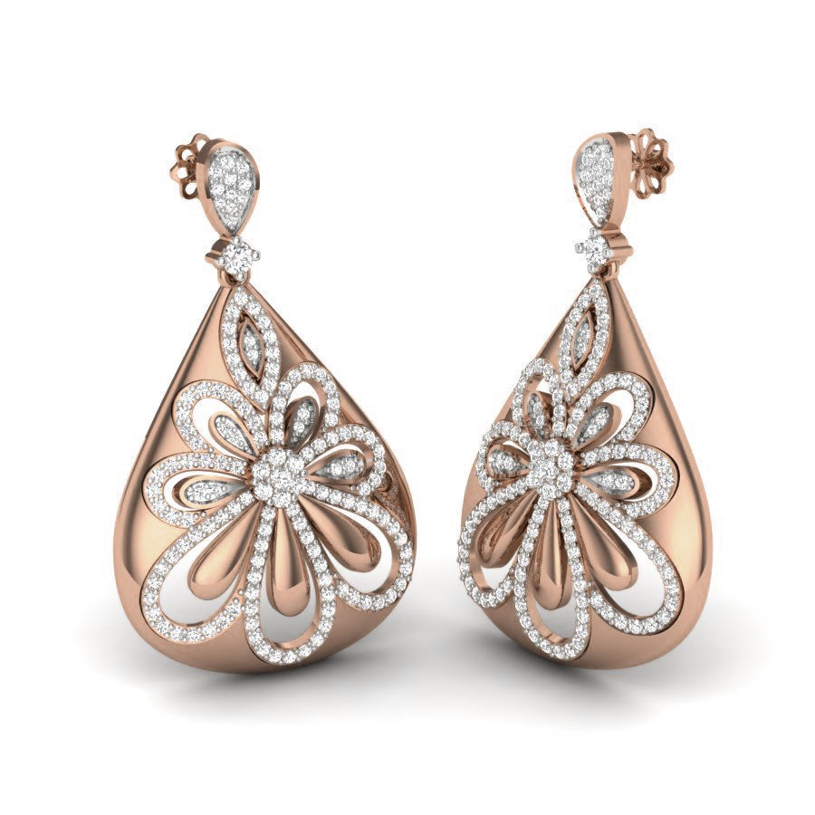 Elegant Floral Teardrop Earrings with intricate floral design and shimmering finish.