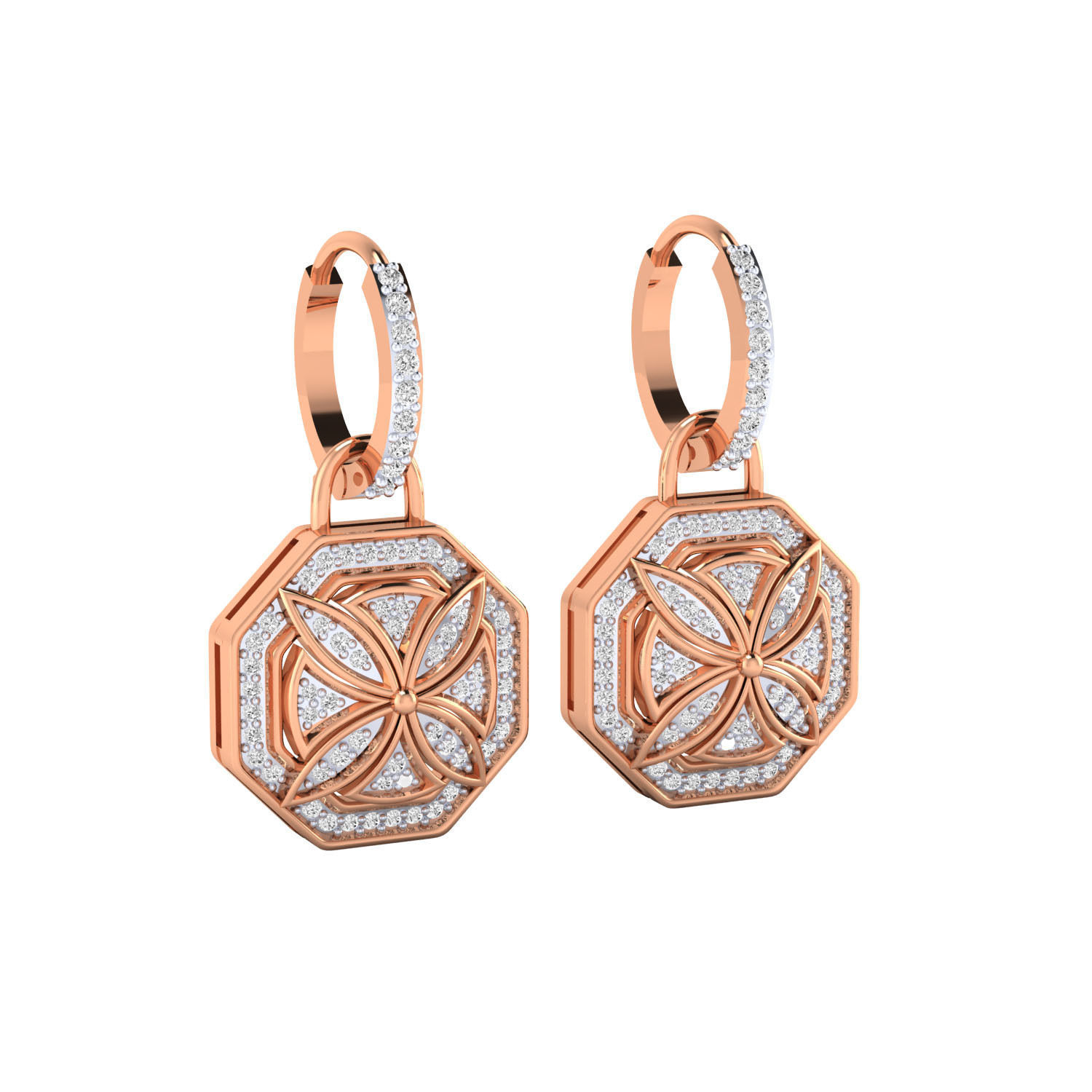 Hexagon-shaped floral earrings with sparkling stones