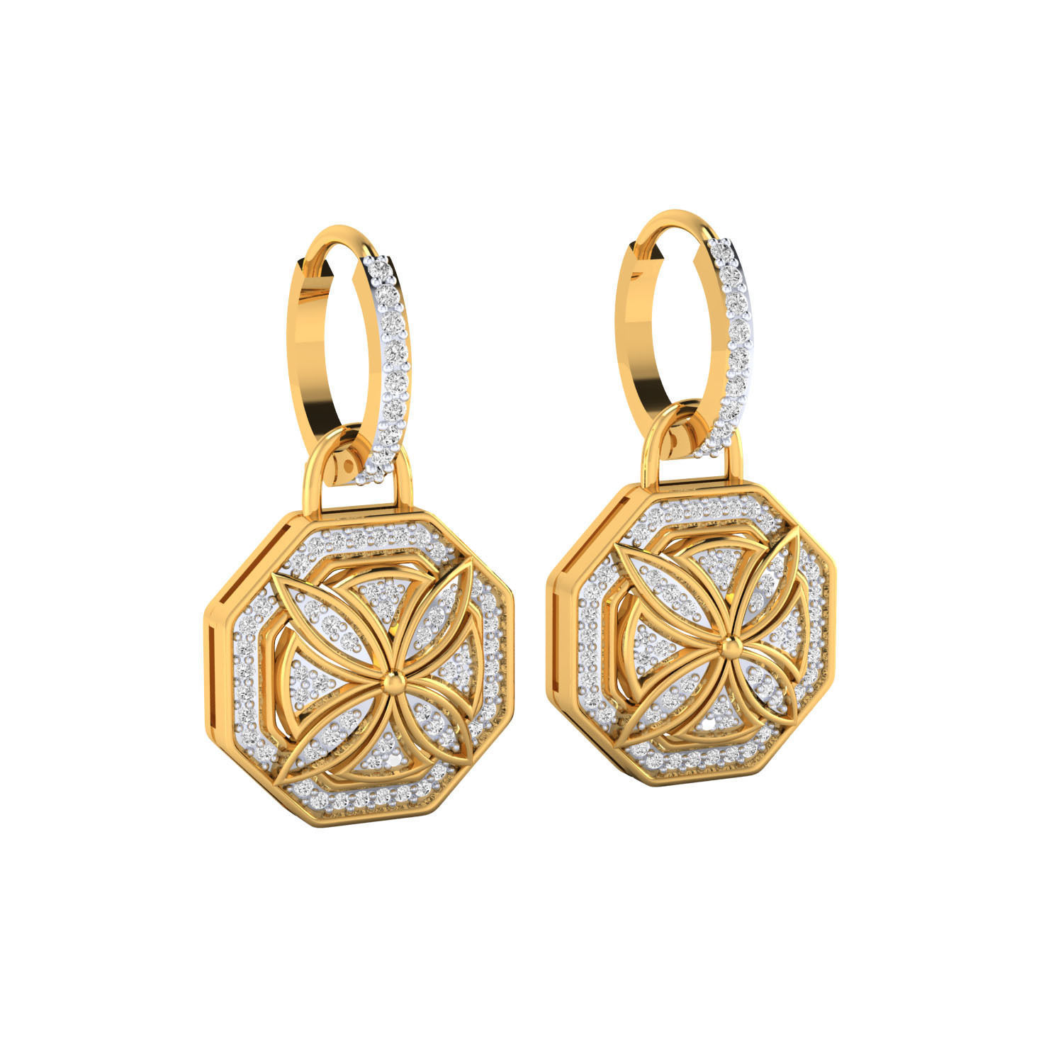 Hexagon-shaped floral earrings with sparkling stones