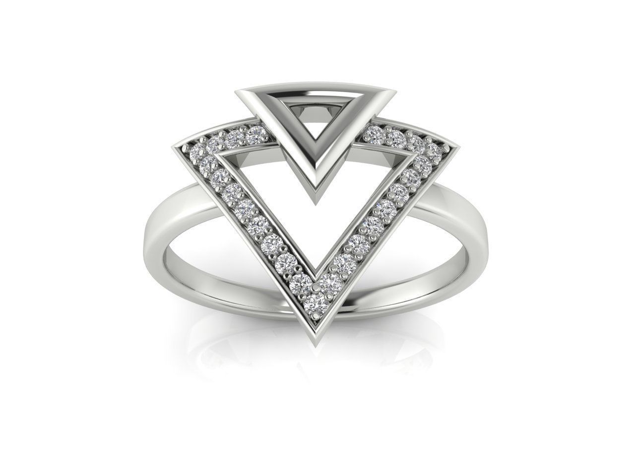 HFS-R0026 (2) Triangle Radiance Silver Ring featuring a modern triangle design with radiant gemstones.