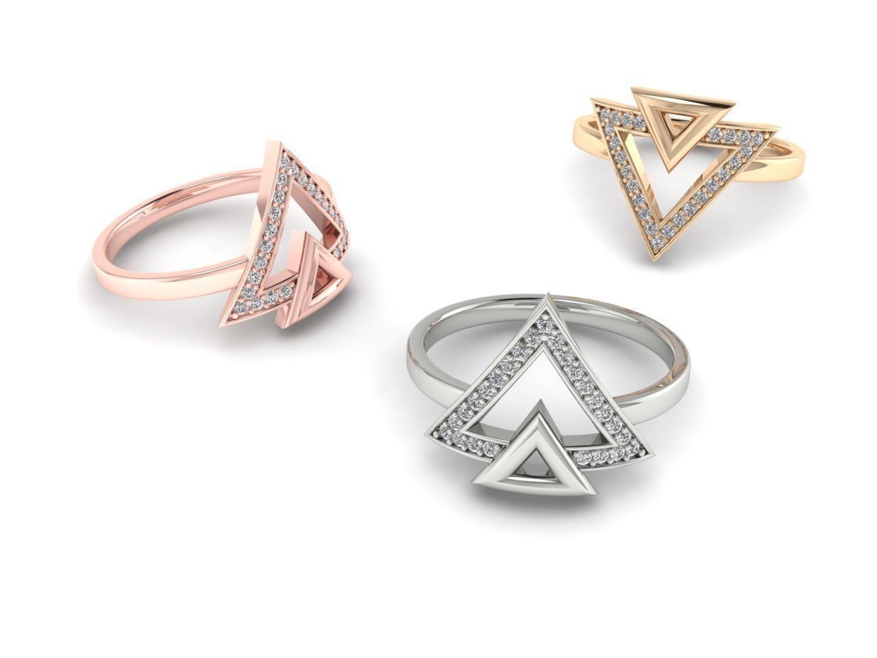 HFS-R0026 (3) Triangle Radiance Silver Ring featuring a modern triangle design with radiant gemstones.