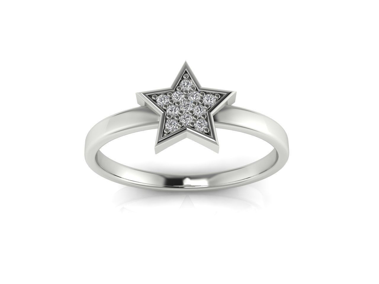 A sterling silver ring with a sparkling star design on a polished band.