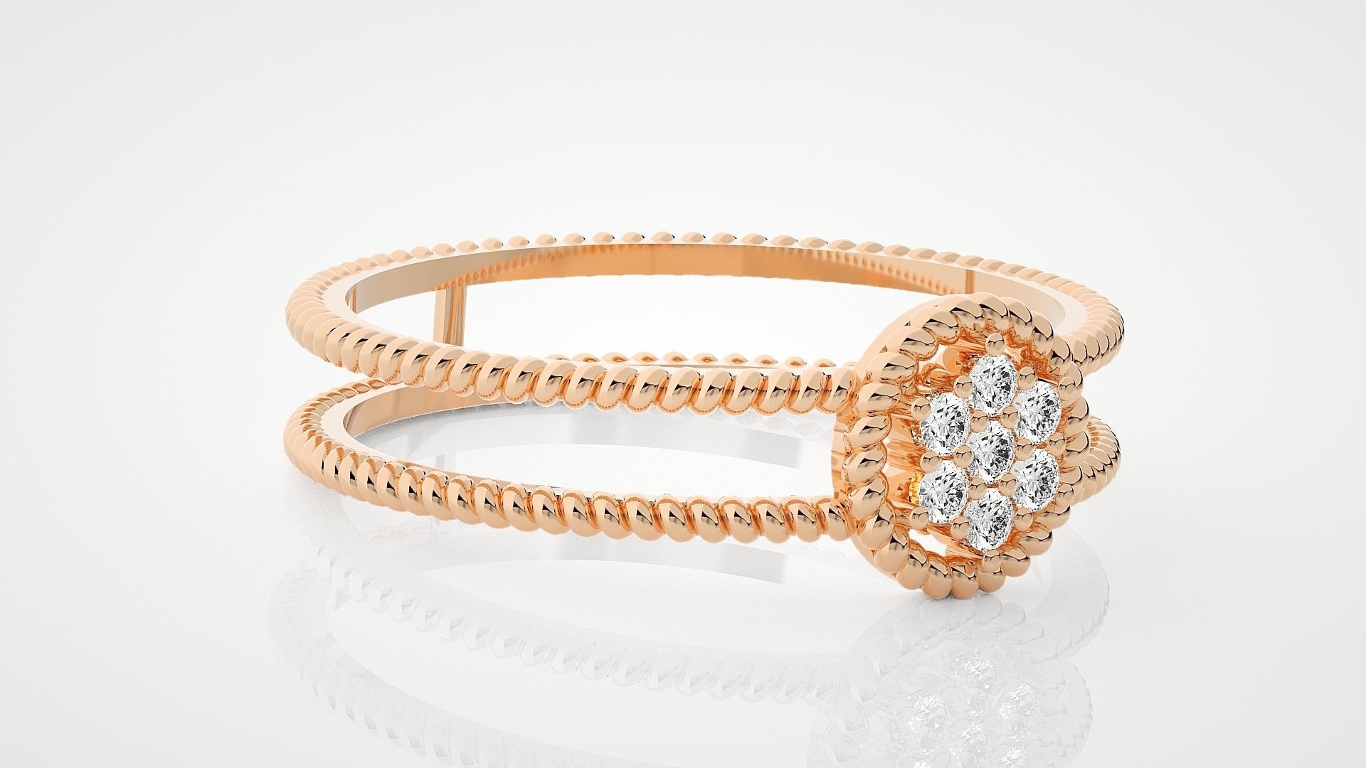 HFS-R003 (1) Twisted Silver Duo Ring with two interwoven bands and a cluster of sparkling stones.