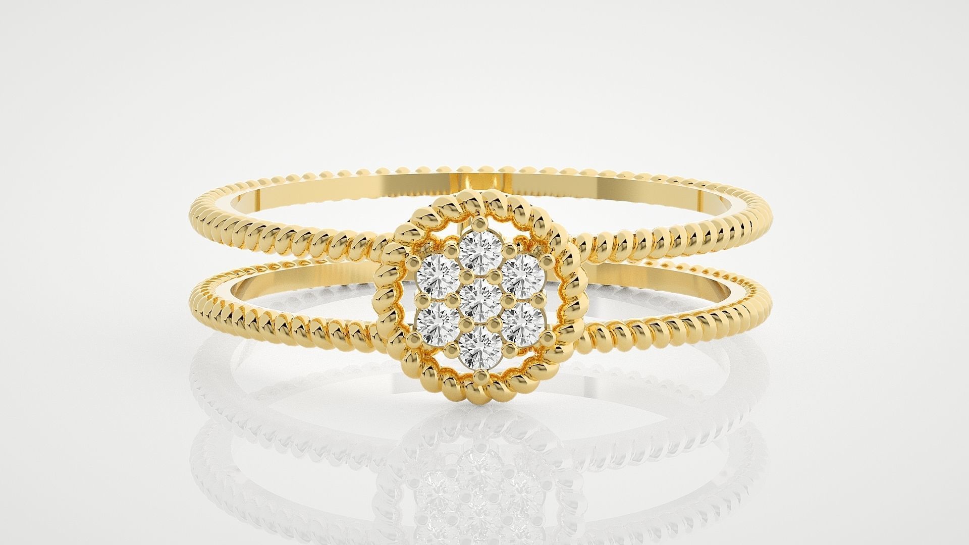 HFS-R003 (2) Twisted Silver Duo Ring with two interwoven bands and a cluster of sparkling stones.