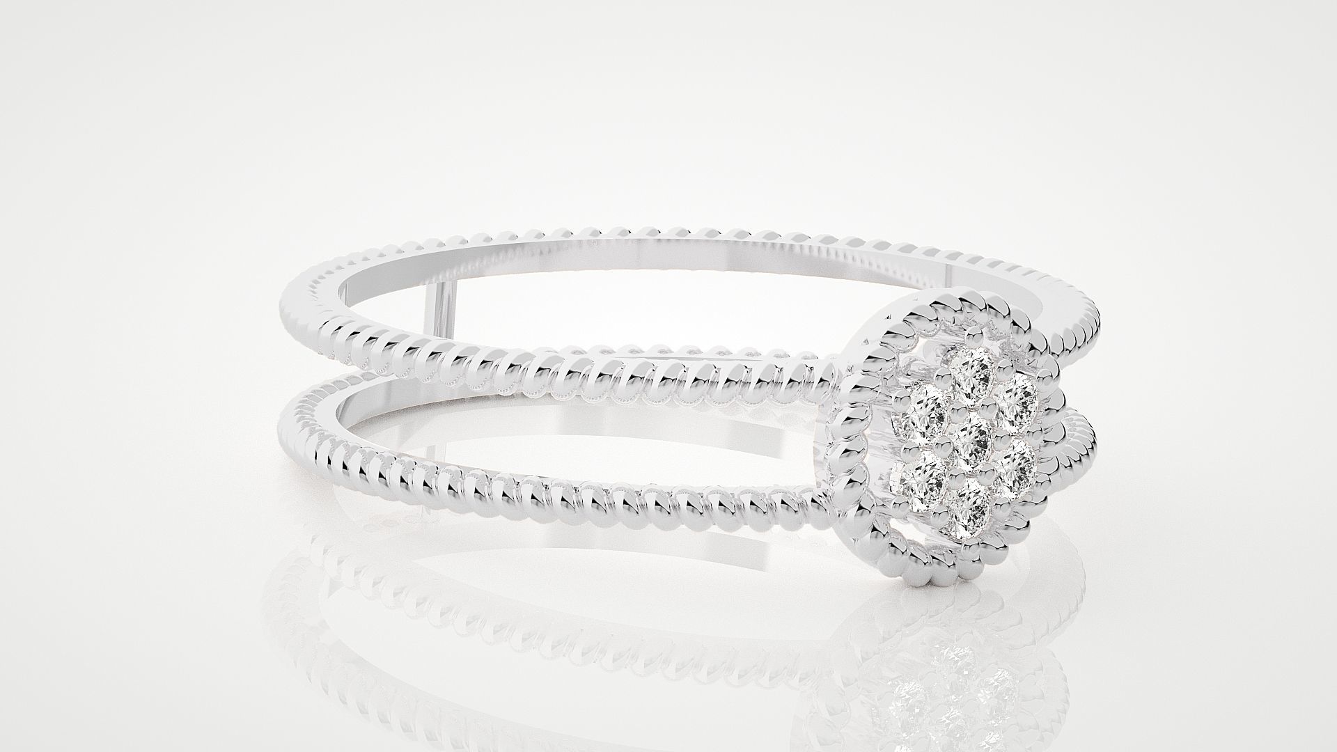 HFS-R003 (4) Twisted Silver Duo Ring with two interwoven bands and a cluster of sparkling stones.