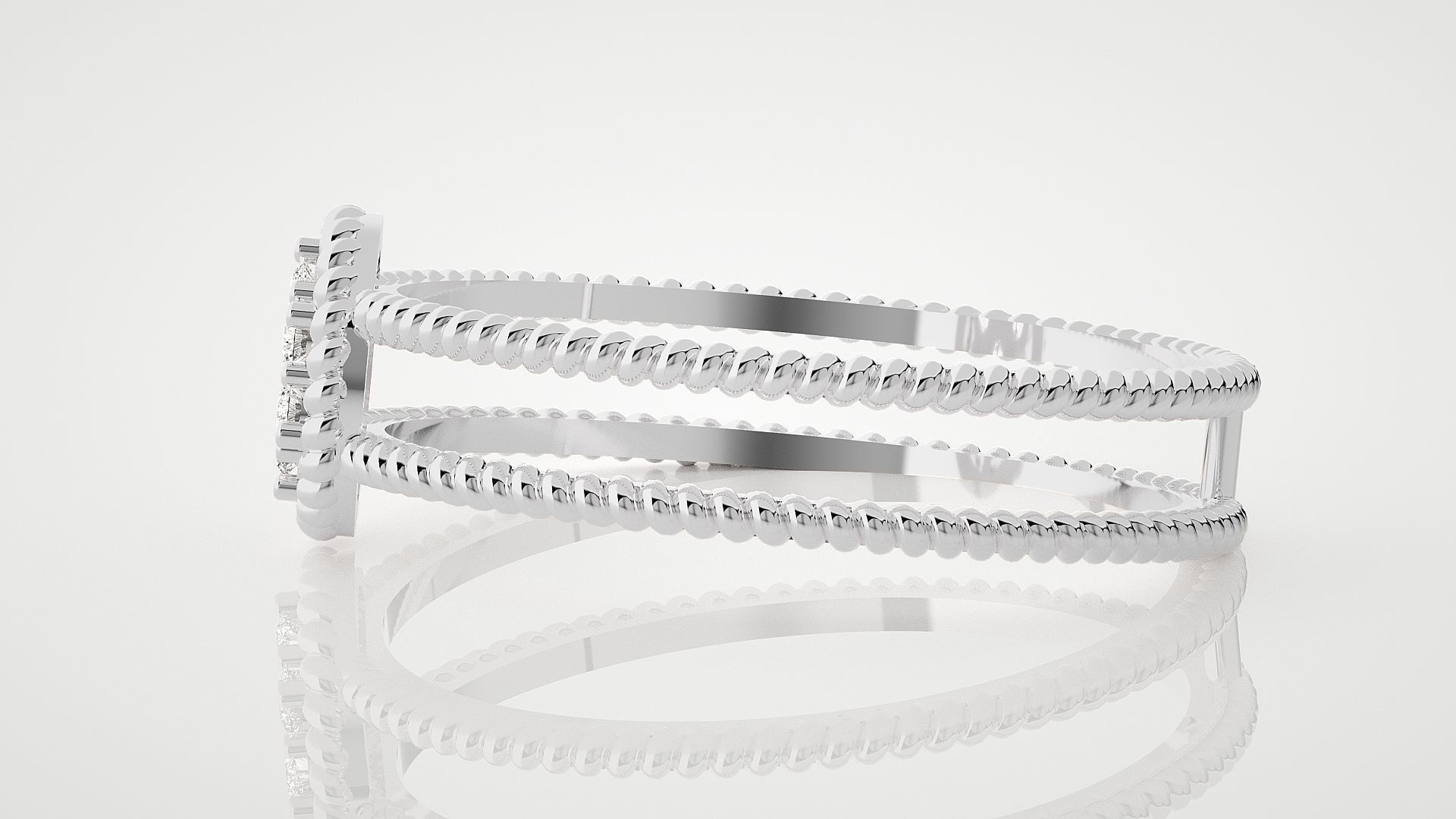 HFS-R003 (7) Twisted Silver Duo Ring with two interwoven bands and a cluster of sparkling stones.