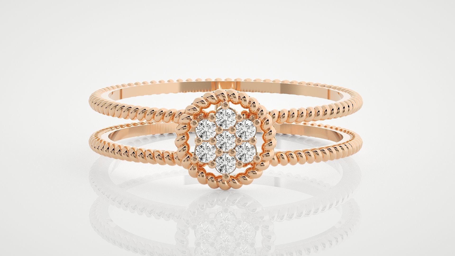 HFS-R003 (9) Twisted Silver Duo Ring with two interwoven bands and a cluster of sparkling stones.