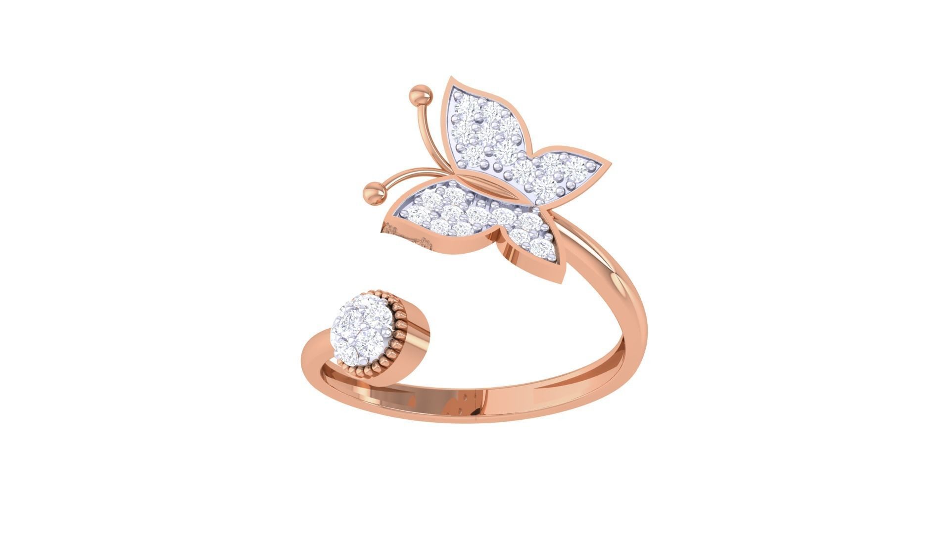 A delicate sterling silver ring featuring a sparkling butterfly and round gemstone.