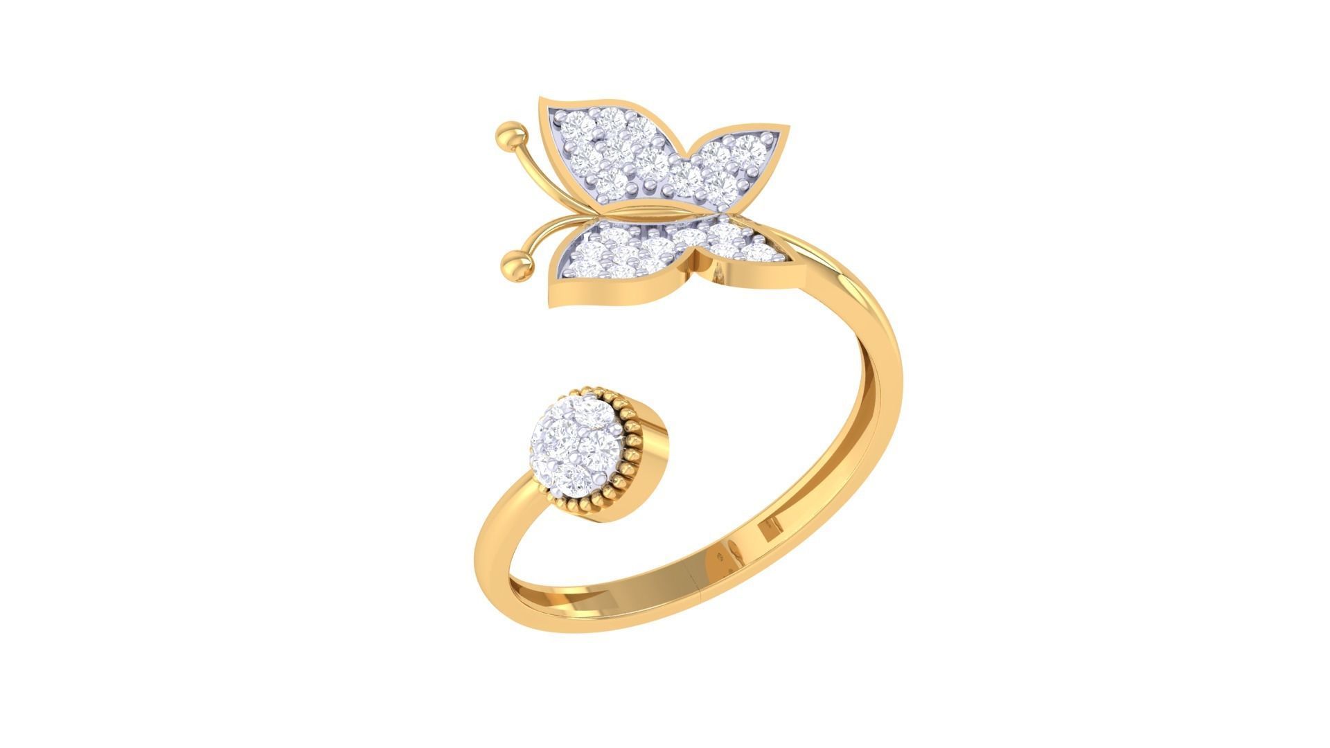 A delicate sterling silver ring featuring a sparkling butterfly and round gemstone.