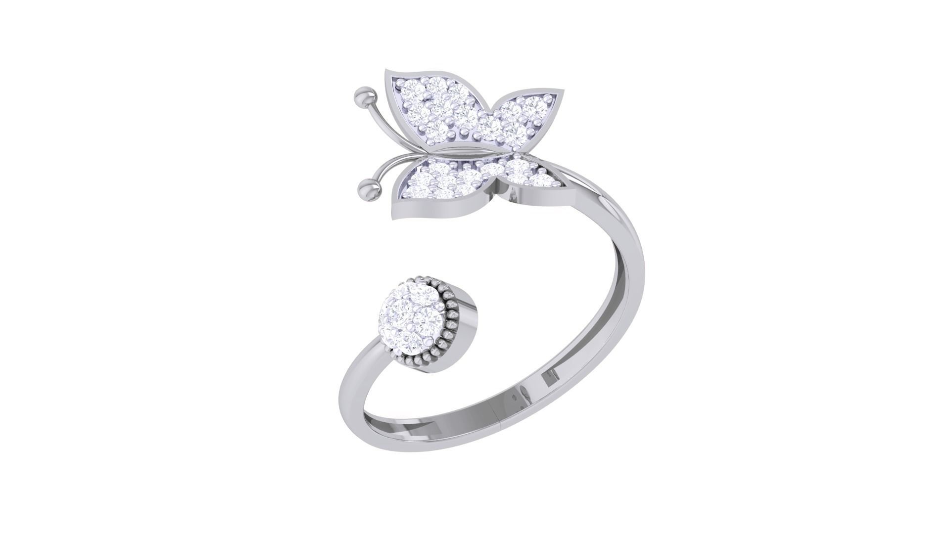 A delicate sterling silver ring featuring a sparkling butterfly and round gemstone.