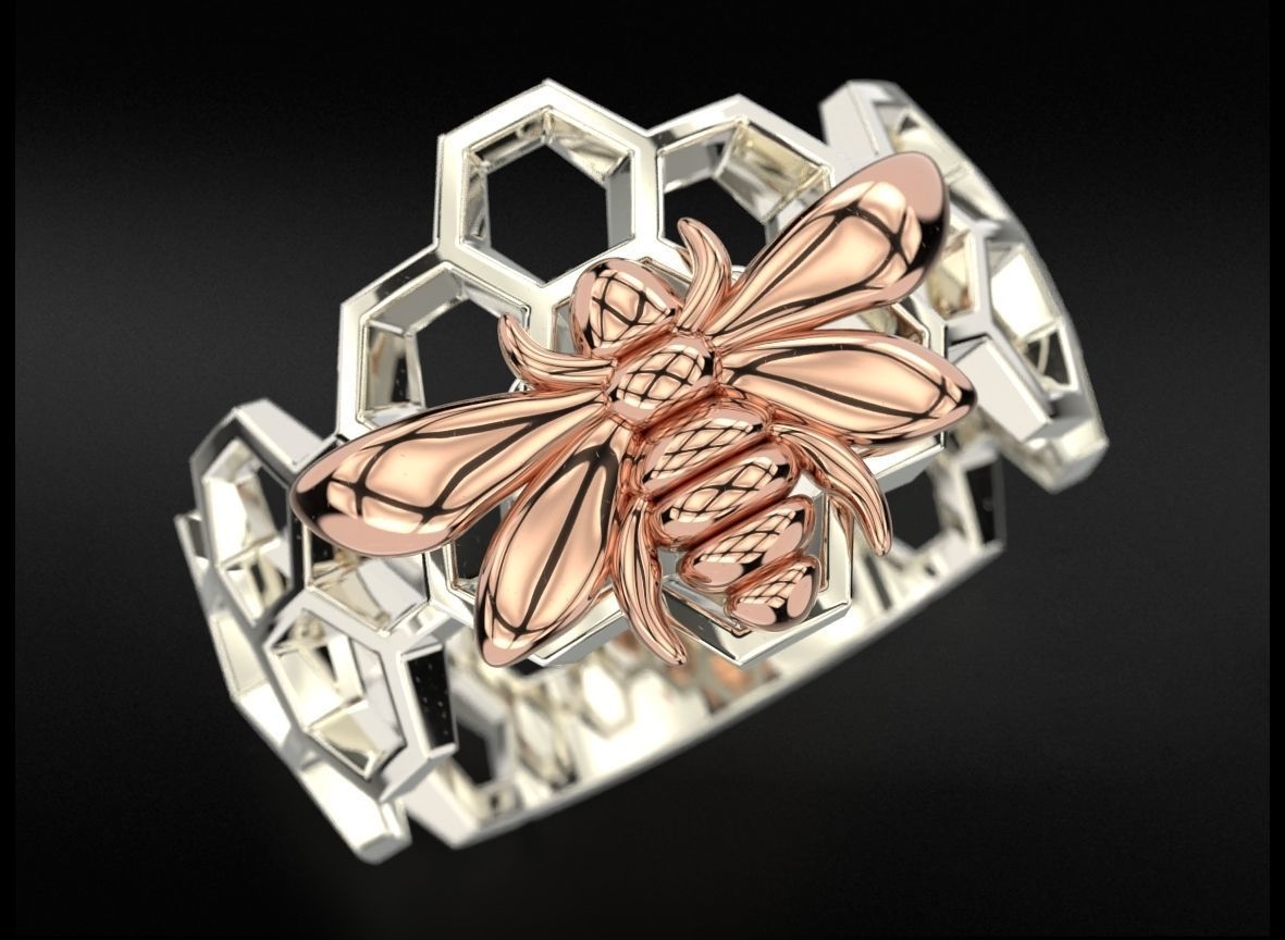 Ring with Honeycombs (12) Honeycomb Bee Silver Ring with intricate bee and honeycomb design, crafted in sterling silver for a charming look.