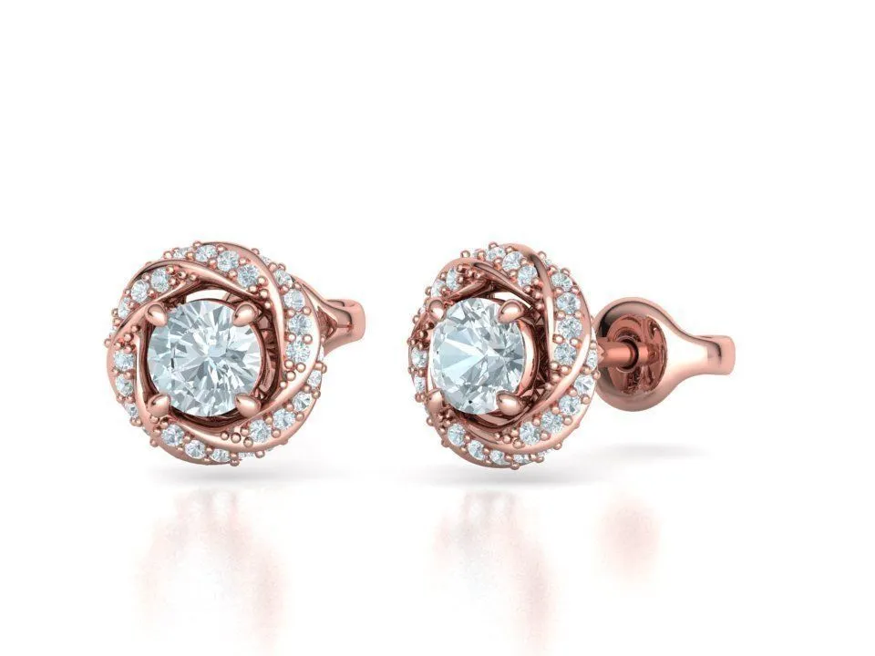 SE-005-Rose Halo Stud Earring-2 High-polished Rose Halo Stud Earrings with an intricate rose design surrounded by a halo of diamonds, symbolizing elegance and romance, perfect for any occasion.