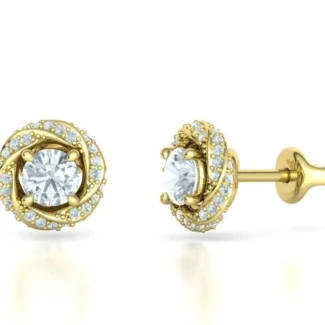 High-polished Rose Halo Stud Earrings with an intricate rose design surrounded by a halo of diamonds, symbolizing elegance and romance, perfect for any occasion.