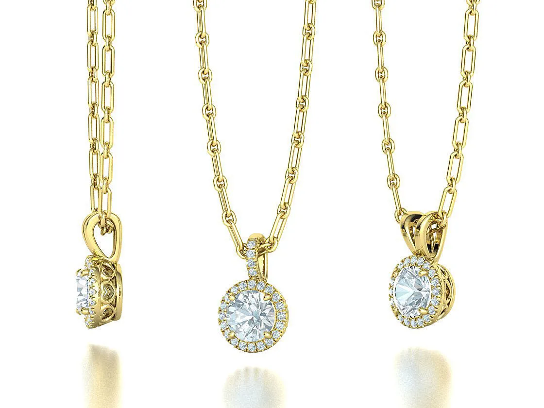 High-polished Radiant Halo Pendant Necklace with a central gemstone surrounded by a halo of sparkling accents, symbolizing elegance and brilliance, perfect for any occasion.