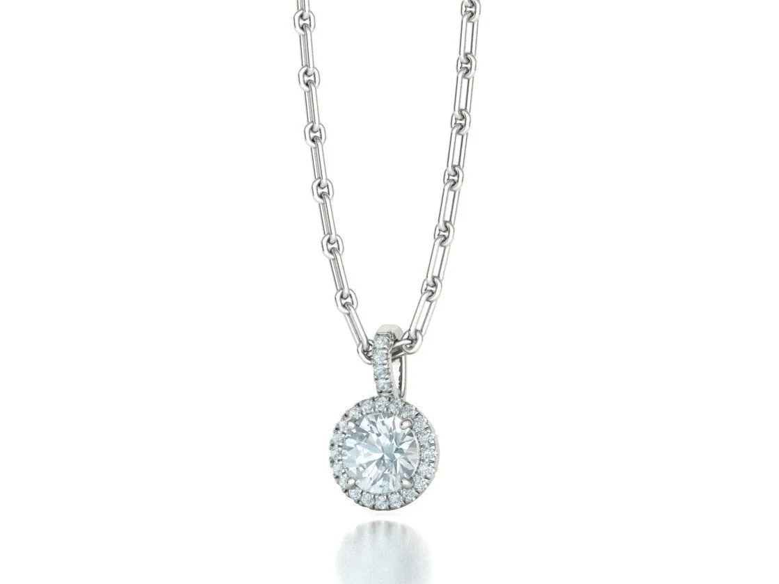 High-polished Radiant Halo Pendant Necklace with a central gemstone surrounded by a halo of sparkling accents, symbolizing elegance and brilliance, perfect for any occasion.