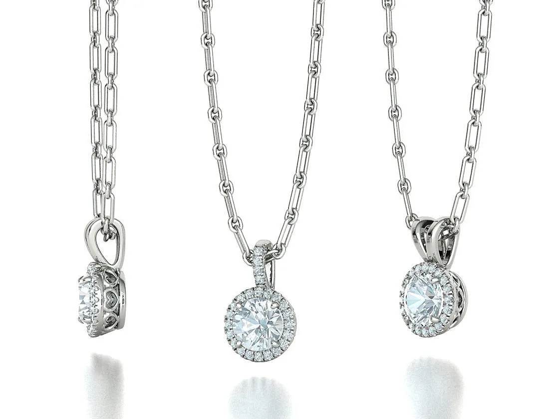 High-polished Radiant Halo Pendant Necklace with a central gemstone surrounded by a halo of sparkling accents, symbolizing elegance and brilliance, perfect for any occasion.