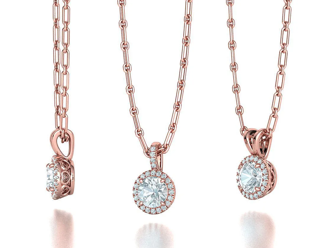 High-polished Radiant Halo Pendant Necklace with a central gemstone surrounded by a halo of sparkling accents, symbolizing elegance and brilliance, perfect for any occasion.