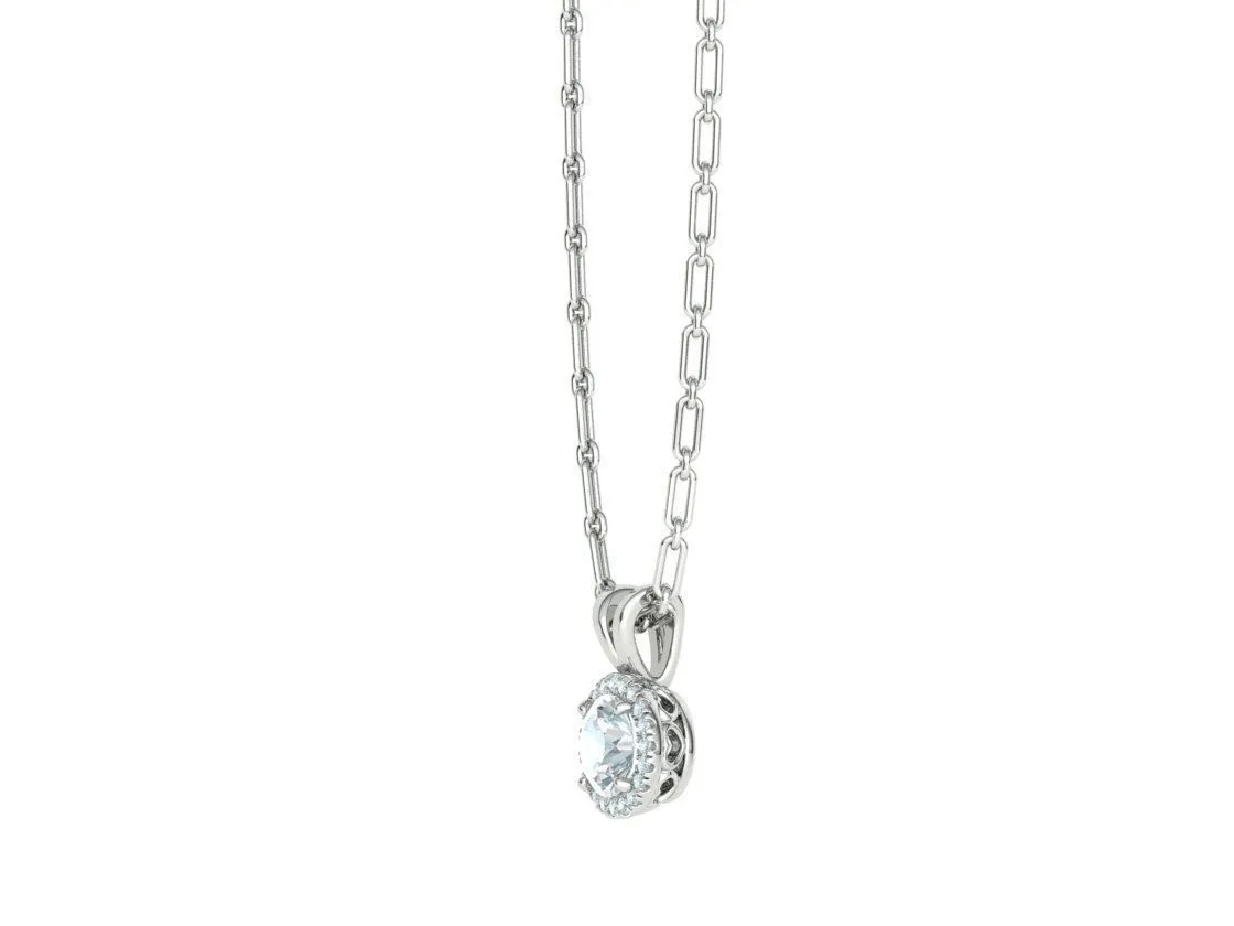 High-polished Radiant Halo Pendant Necklace with a central gemstone surrounded by a halo of sparkling accents, symbolizing elegance and brilliance, perfect for any occasion.