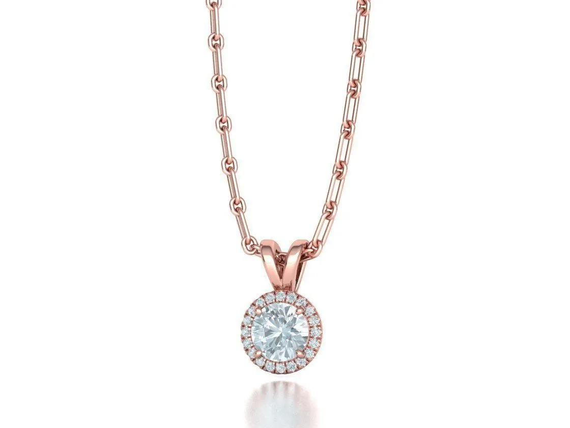 High-polished Radiant Halo Pendant Necklace with a central gemstone surrounded by a halo of sparkling accents, symbolizing elegance and brilliance, perfect for any occasion.