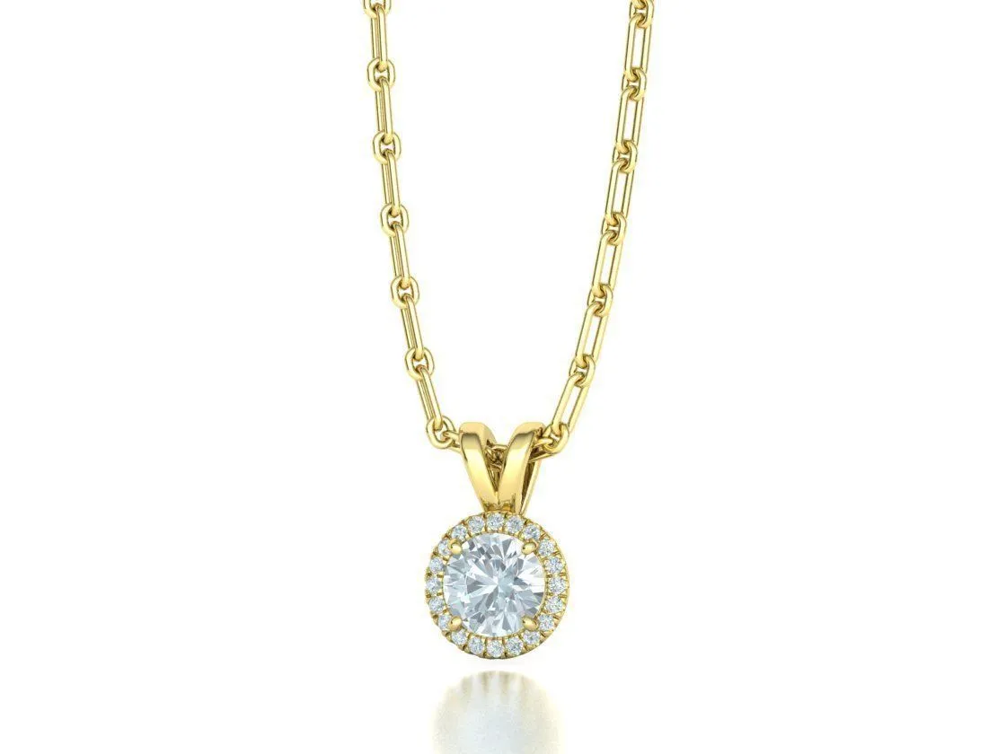 High-polished Radiant Halo Pendant Necklace with a central gemstone surrounded by a halo of sparkling accents, symbolizing elegance and brilliance, perfect for any occasion.