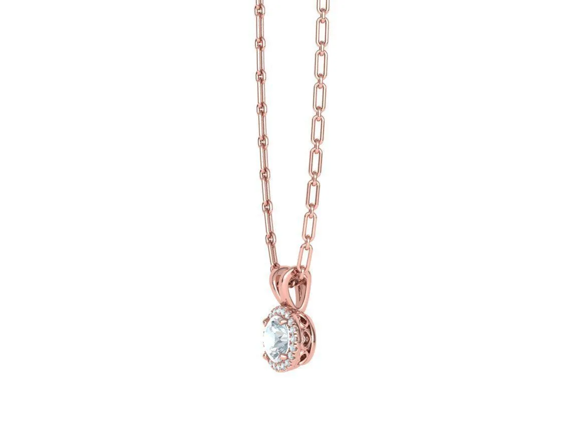 High-polished Radiant Halo Pendant Necklace with a central gemstone surrounded by a halo of sparkling accents, symbolizing elegance and brilliance, perfect for any occasion.