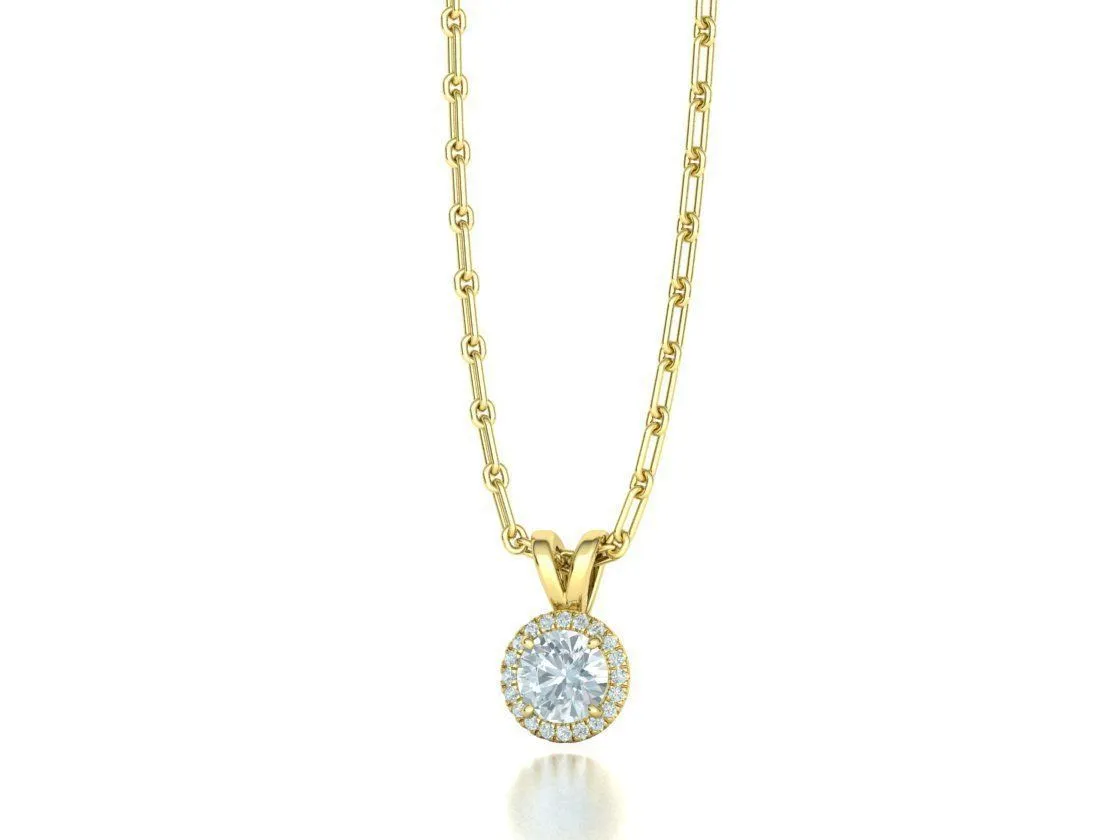 High-polished Radiant Halo Pendant Necklace with a central gemstone surrounded by a halo of sparkling accents, symbolizing elegance and brilliance, perfect for any occasion.