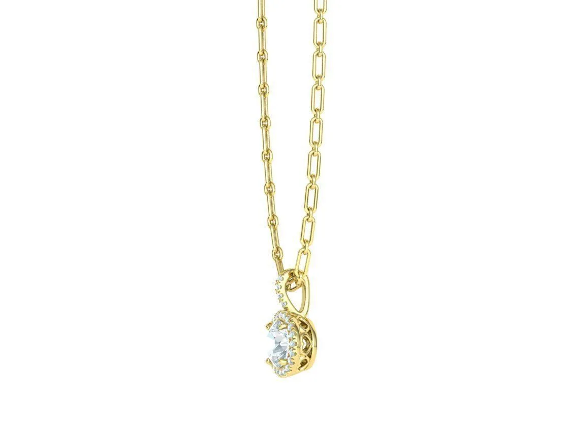 High-polished Radiant Halo Pendant Necklace with a central gemstone surrounded by a halo of sparkling accents, symbolizing elegance and brilliance, perfect for any occasion.