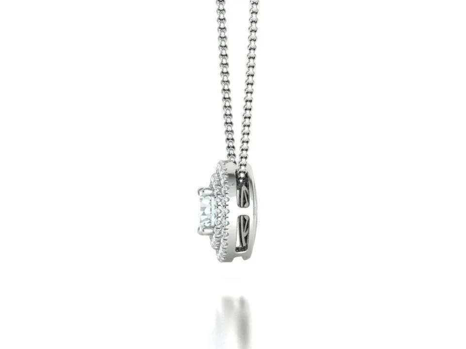 High-polished Radiant Halo Necklace with a central gemstone surrounded by a halo of sparkling accents, symbolizing elegance and brilliance, perfect for any occasion.