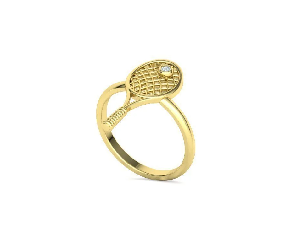 WR-026-Tennis Racket Ring-14 High-polished Tennis Racket Ring with an intricate tennis racket design, symbolizing sporty elegance and sophistication, perfect for any occasion.