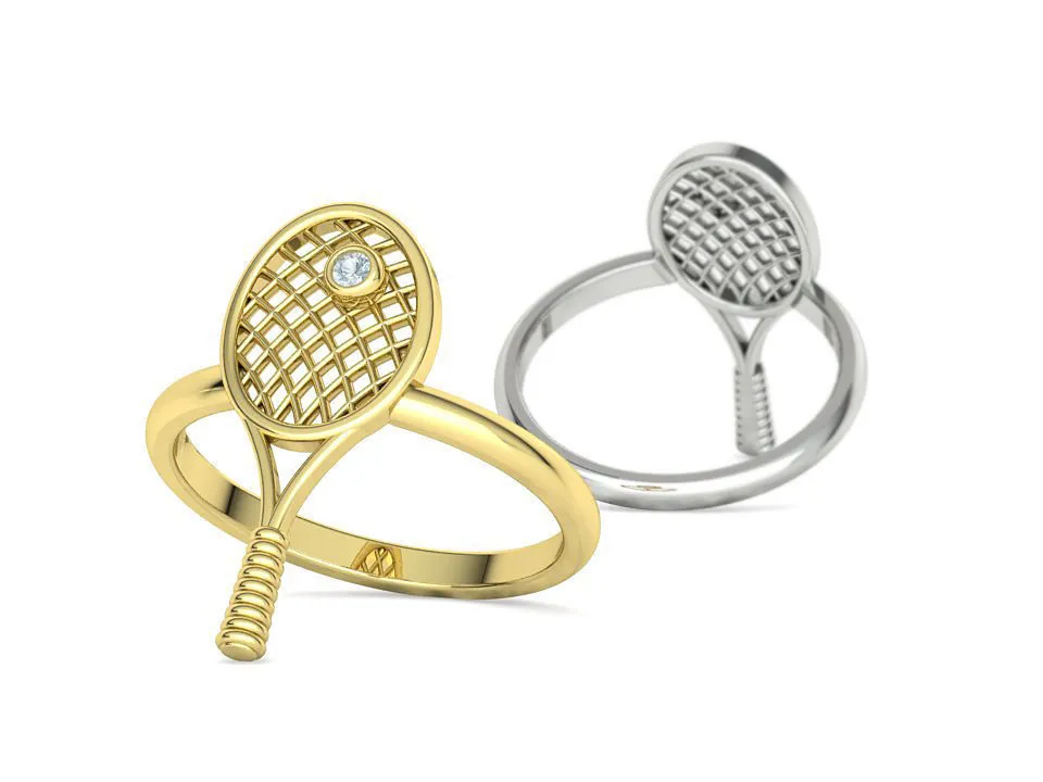 WR-026-Tennis Racket Ring-2 High-polished Tennis Racket Ring with an intricate tennis racket design, symbolizing sporty elegance and sophistication, perfect for any occasion.